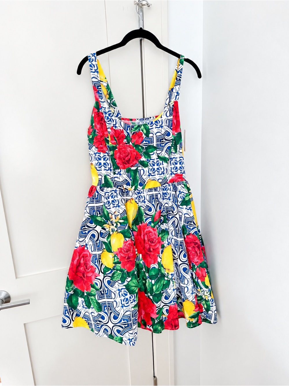 New York & Company Blue Floral Lemon Print Sundress - Red, Yellow & Green